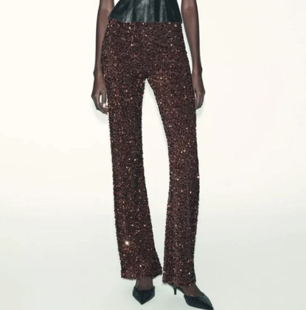 Zara Brown Sequin Flare Pants Elastic Waist Size Medium